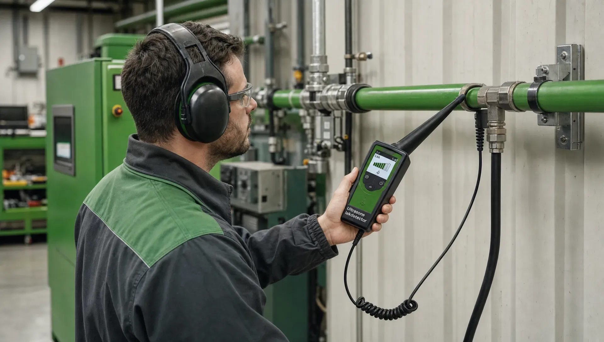 Een onderhoudsmonteur controleert met een ultrasone lekdetector de koppelingen van een persluchtleiding in een werkplaats.