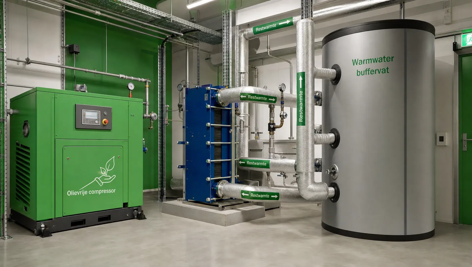 Een technische ruimte in een bedrijf met een compressor, een warmtewisselaar en geïsoleerde leidingen naar een warmwaterbuffervat laat restwarmte zien die opnieuw wordt gebruikt.