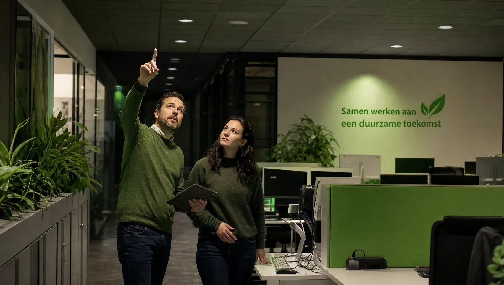 Een ondernemer en medewerker controleren na sluitingstijd de verlichting en werkplekapparatuur in een bedrijfspand om onnodig verbruik te vinden.