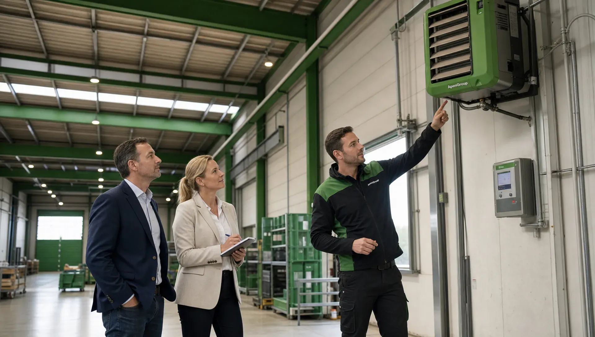Ondernemers bekijken tijdens een rondgang de verlichting en verwarmingsinstallatie in een bedrijfshal, terwijl een medewerker de instellingen aanwijst en een collega notities maakt.