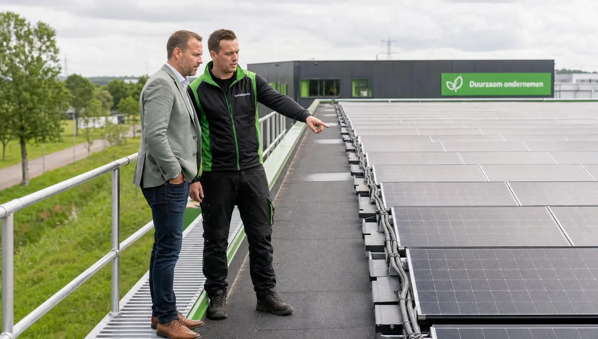 Een ondernemer en een installateur controleren vanaf een veilige onderhoudsroute zonnepanelen op een bedrijfspand. De installateur wijst naar de kabelroute en de bevestiging van de panelen tijdens een oplevercontrole voor zakelijk zonnepanelen verzekeren.
