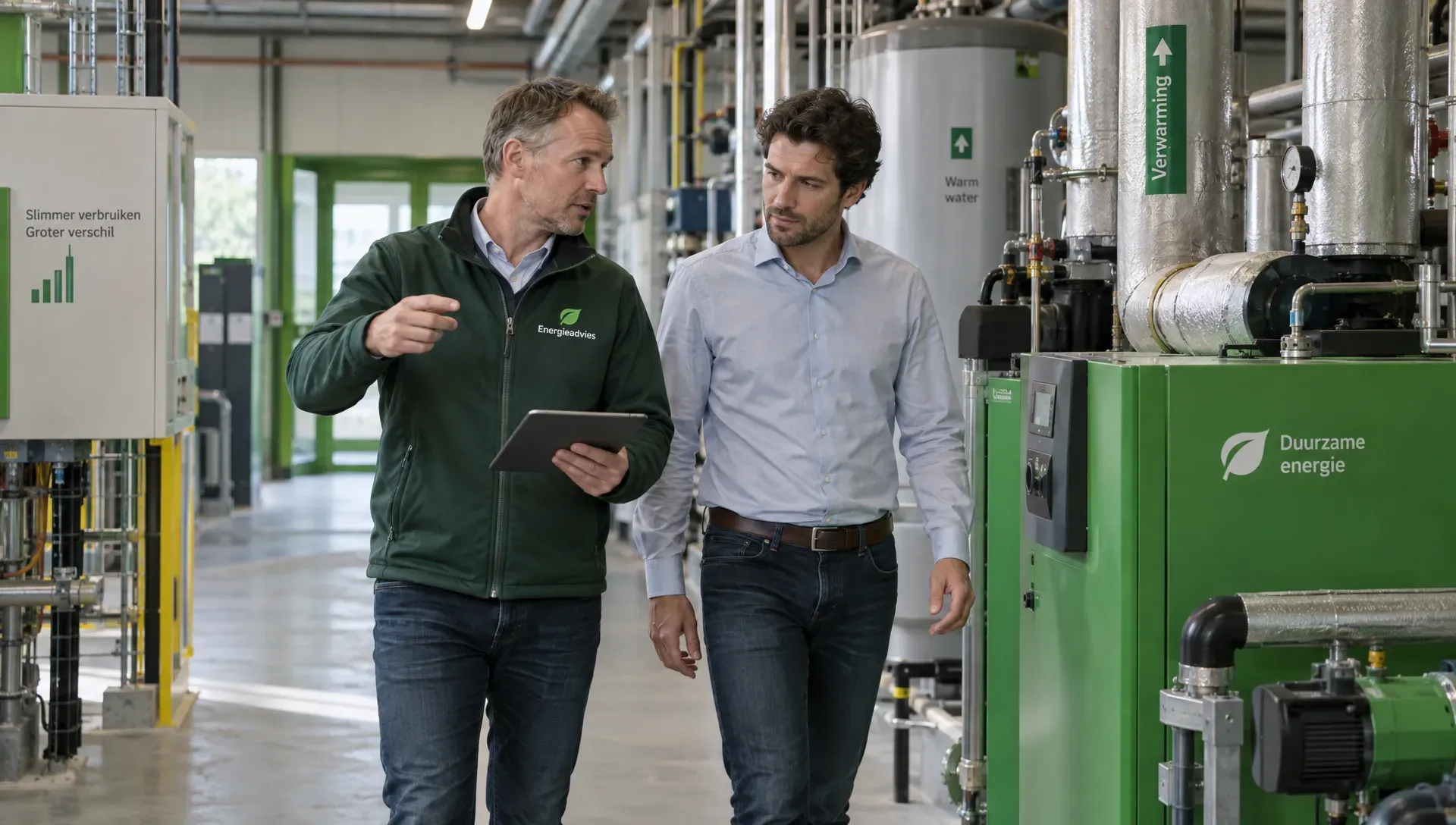 Een ondernemer en een energieadviseur lopen langs de installaties in een bedrijfshal en bespreken welke verbruiksgegevens nodig zijn voor een passend besparingsadvies.
